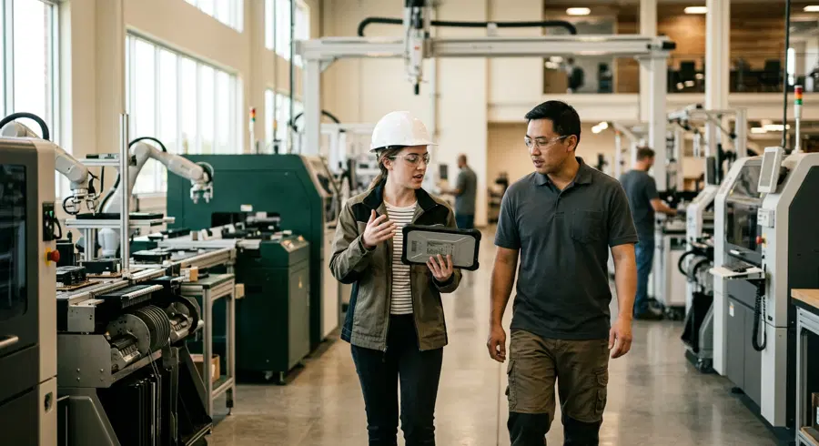 An engineer and a technician walking through a modern manufacturing floor