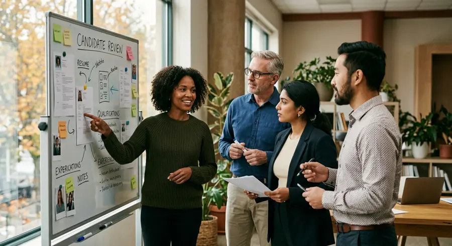 A hiring team reviewing candidate profiles on a whiteboard