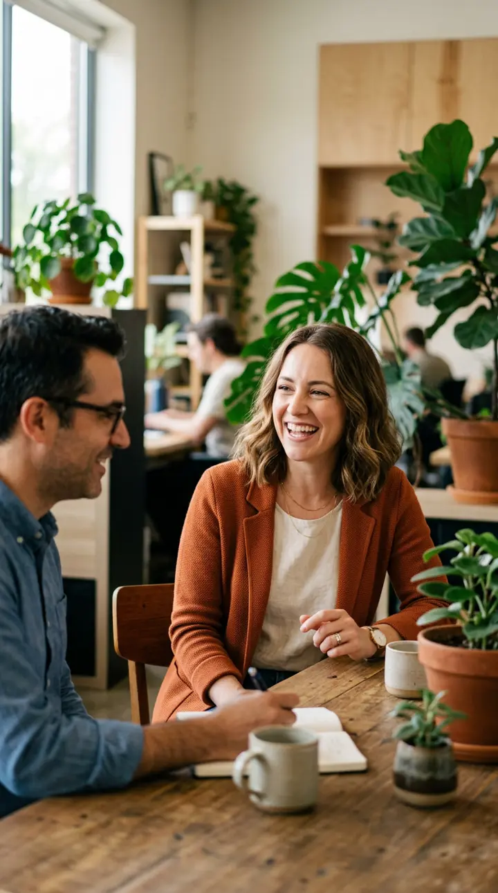 A Nivaan consultant laughing with a candidate over coffee in a bright office